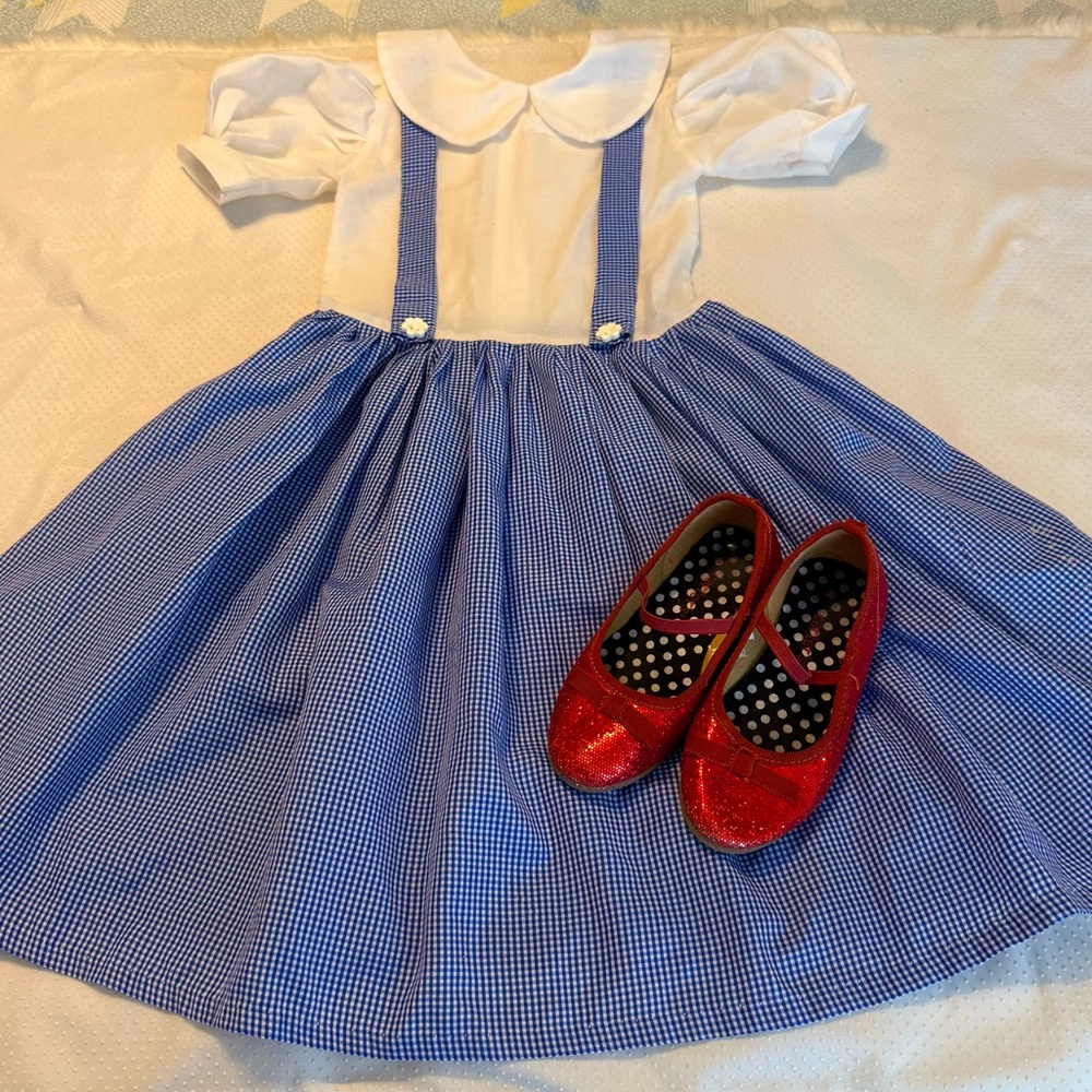 Homemade Wizard of Oz Dorothy Dress Child Size W/ Red Ruby Slippers Size 10